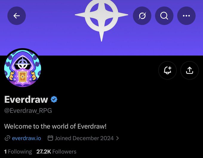 The image shows the X (Twitter) profile of **Everdraw** (@Everdraw_RPG), a verified account with 27.2K followers, joined December 2024, and linked to everdraw.io, described as a TCG + party RPG on Solana featuring hero card collection, crafting, quests, and an upcoming Grimoire PFP mint.