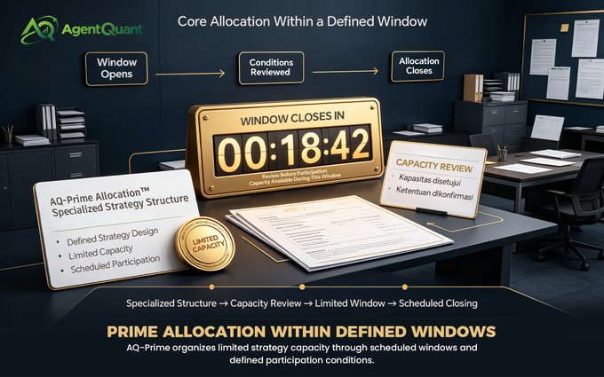 A sleek dark-walled workspace displays a countdown timer reading "00:18:42" under the heading "WINDOW CLOSES IN," flanked by cards detailing "AQ-Prime Allocation™ Specialized Strategy Structure" with features like Defined Strategy Design, Limited Capacity, and Scheduled Participation, alongside a "CAPACITY REVIEW" panel. The layout illustrates AgentQuant's structured participation flow—from window opening to condition review to allocation closing—reinforcing the post's emphasis on defined access windows, clear timelines, and specialized frameworks for limited strategy capacity.