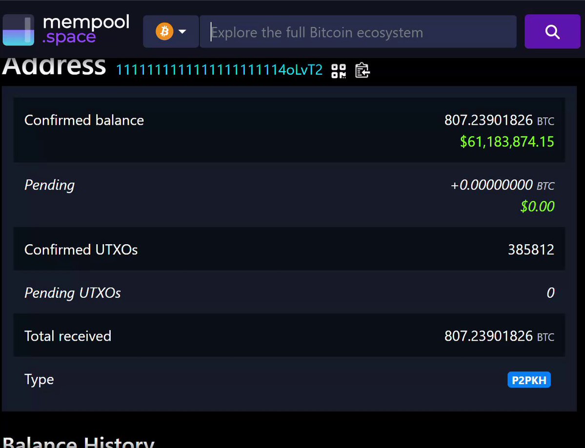 The image shows a screenshot of Mempool's Bitcoin Address Explorer page, which displays the balance and transaction details for the Bitcoin address 111111111111111111111oLvT2. There are two main sections visible - a summary table with columns for address number, address name, and balance, as well as an analysis table containing transaction amounts sent via Bitcoin Cash or another payment method, including one instance of bitcoin being permanently removed from circulation after being burned by someone using the given address.