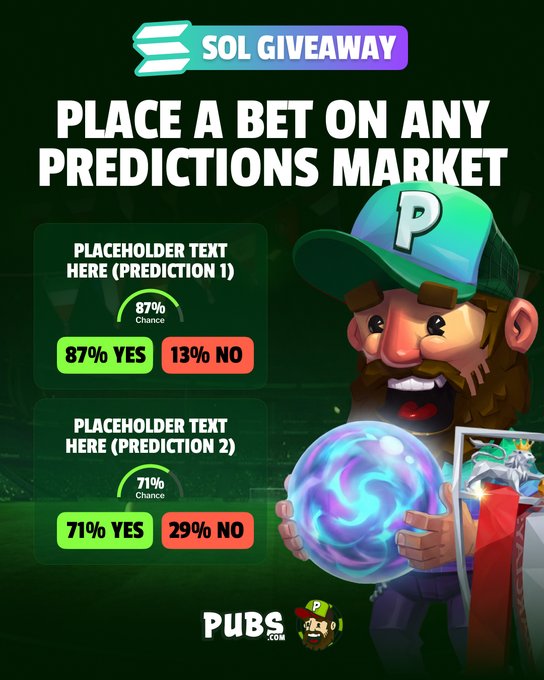 Promotional graphic for a 'SOL GIVEAWAY' from PUBS.com, instructing users to 'PLACE A BET ON ANY PREDICTIONS MARKET', featuring placeholder prediction examples with '87% YES' and '71% YES' odds, and a cartoon man holding a crystal ball and a Pokemon card.
