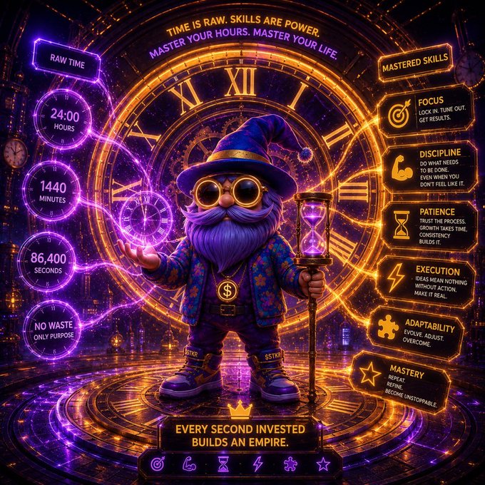 A vibrant digital artwork featuring a purple gnome-like character holding an hourglass, surrounded by glowing text panels about time management including 'FOCUS', 'DISCIPLINE', 'PATIENCE', 'EXECUTION', 'ADAPTABILITY', and 'MASTERY', with the tagline 'EVERY SECOND INVESTED BUILDS AN EMPIRE'.