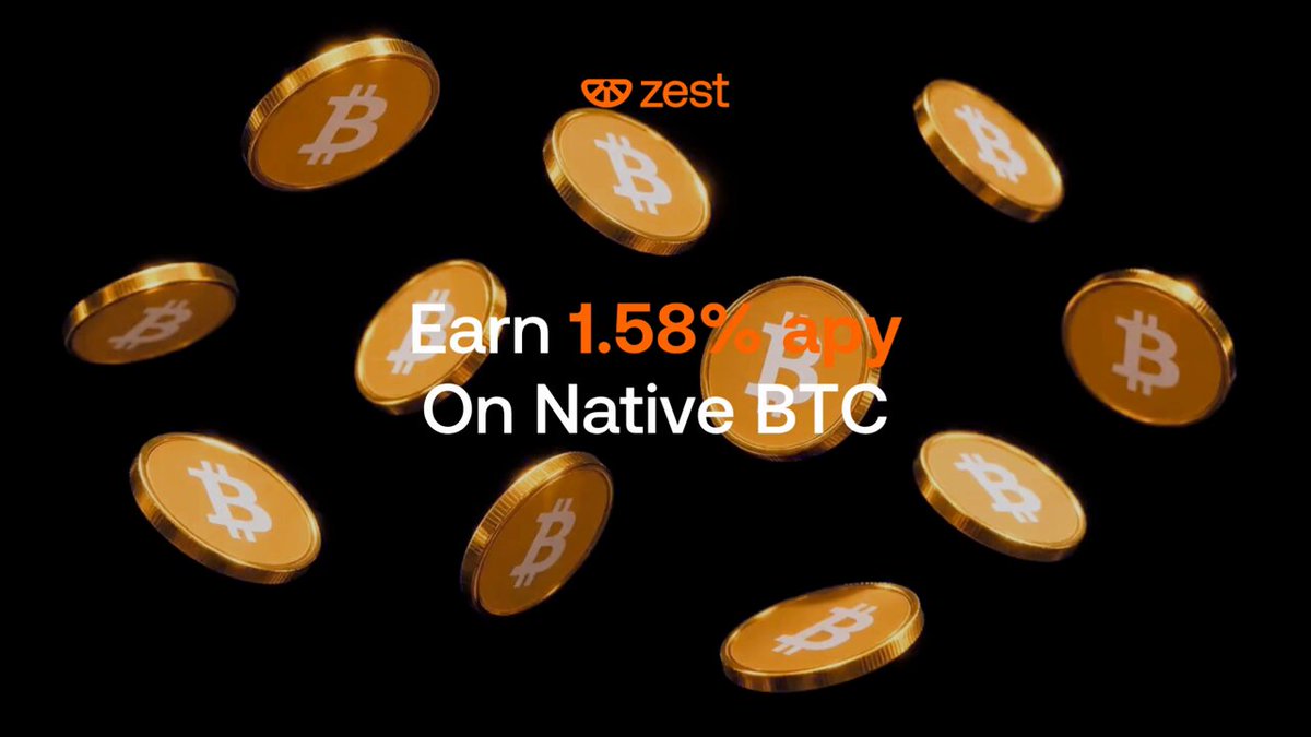 The image features a large number of gold coins scattered across a black background, with some coins overlapping each other. The text "Native BTC" is written above the coins, indicating that this is a feature related to native Bitcoin transactions. The caption below the coins reads "Native BTC in. BTC + yield out. Deposit native BTC on Zest Protocol on @Stacks to earn 1.58% apy." This suggests that users can earn native Bitcoin by depositing their coins onto the Zest Protocol, which is a platform for peer-to-peer transactions and exchanges of digital assets.