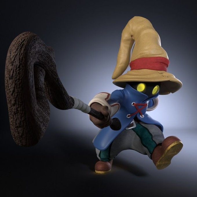 3D rendered figurine of a Black Mage character from Final Fantasy, wearing a tall pointed yellow hat with a red band, blue robe, and wielding a large wooden staff.