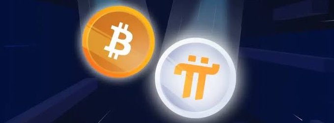 A graphic showing two glowing cryptocurrency icons: an orange Bitcoin (BTC) symbol and a white Pi Network (π) coin against a blue background.