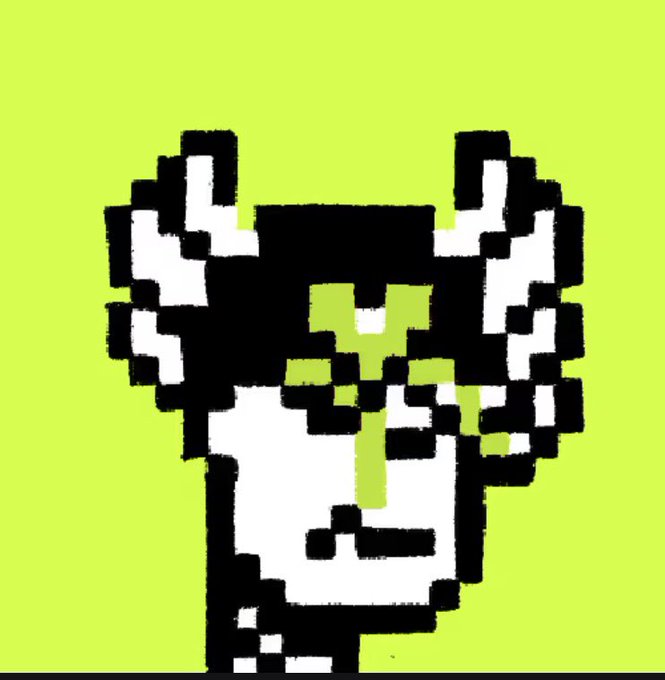 A black and white pixel art character with ears and a small black mark stands against a bright green background.