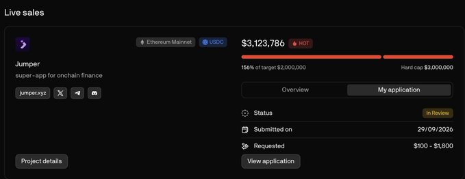 A Live sales interface for Jumper, described as a 'super-app for onchain finance' on Ethereum Mainnet with USDC, showing $3,123,786 raised (156% of $2,000,000 target, hard cap $3,000,000) with an 'In Review' status submitted on 29/09/2026.