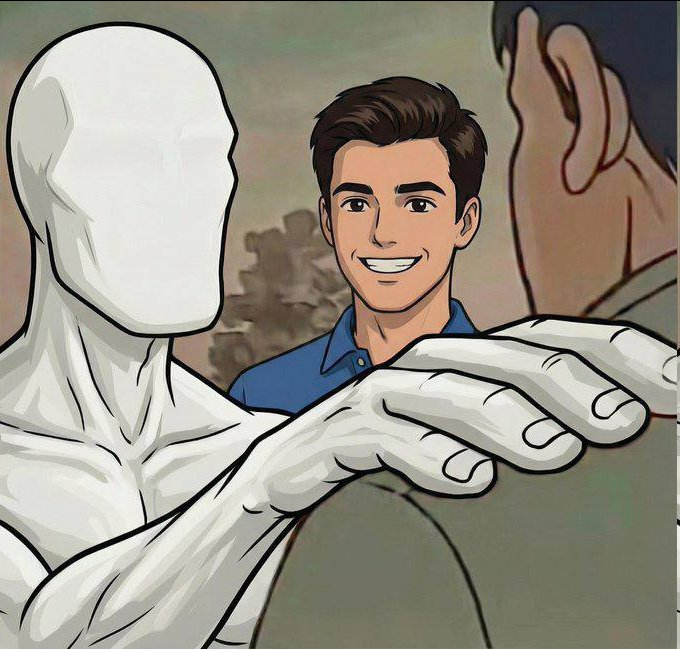 A smiling man stands behind an outstretched white mannequin-like figure reaching toward a larger person, visually echoing the post's "you will own nothing and you will be happy" reference to tokenized RWAs lacking true shareholder rights.
