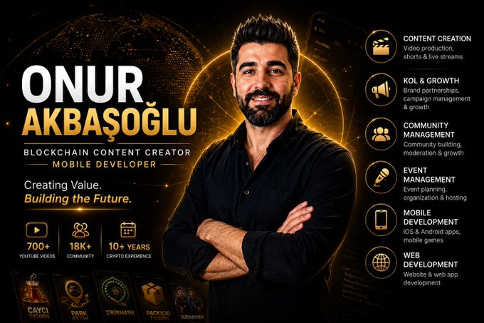 Promotional graphic for Onur Akbaşoğlu, a Blockchain Content Creator and Mobile Developer, highlighting 700+ YouTube videos, 18K+ community, 10+ years crypto experience, with services listed including content creation, KOL growth, community management, event management, mobile development, and web development.