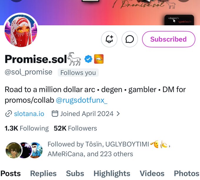 The image shows a social media post with a white background, featuring a pink header that reads "Promise. Sol". Below this header, there are two posts related to the main post. The first post has a blue header with a cartoon character and the text "Road to a million dollar arc - degen - gambling @rpgfunx". The second post also has a white background but is filled with various images of people on their phones.
