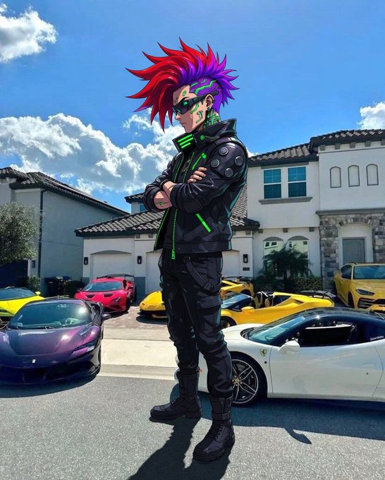 A digital anime-style illustration of a character with red and purple spiky hair and sunglasses, standing confidently with crossed arms in front of a large house and several sports cars.