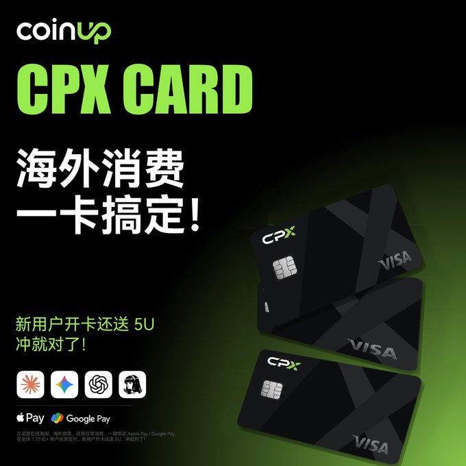 An advertisement for the CoinUp CPX Card, a Visa card for overseas spending, offering new users 5U for signing up and supporting Apple Pay and Google Pay.