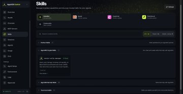 A dark-themed software interface showing a 'Skills' page with available and upcoming skills in an AgentHub Control panel, with text being somewhat blurry.