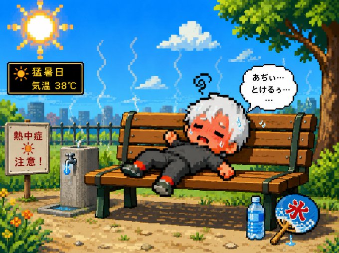 A pixel-art illustration shows an elderly person collapsed on a park bench, sweating and exhausted, with signs in Japanese warning of extreme heat (猛暑日, 38°C) and heatstroke (熱中症注意), while a speech bubble reads 'あちぃ…とけるぅ…' (It's hot... I'm melting...).