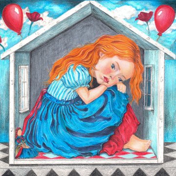 An illustration of a red-haired girl in a blue dress sitting curled up inside a small blue dollhouse-like structure, with red poppies and balloons floating above against a cloudy sky.