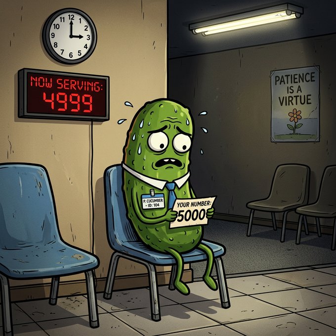 An illustrated pickle character sweats nervously while waiting for number 5000, as the 'NOW SERVING' display shows 4999.