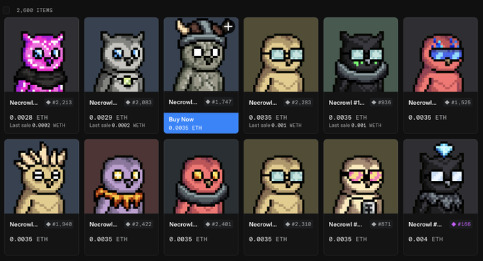 An NFT marketplace displaying 2,680 pixelated cat collectibles (Necrowls) with prices in ETH ranging from 0.0028 to 0.004 ETH.