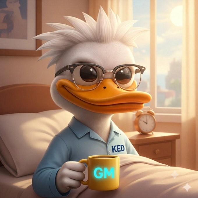 An anthropomorphic white duck character with glasses wears a blue shirt labeled 'KED' and holds a yellow mug displaying 'GM' while sitting on a bed.