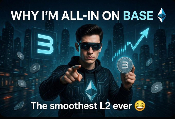 The image features a man wearing sunglasses holding up two Bitcoins against a city skyline backdrop with buildings of varying heights. The text above him reads, "Why I'm all-in on Base and why you should be too Base isn' t just another L2— it's the smoothest, cheapest, most fun way to actually use crypto daily. Sub-penny fees, lightning speed, and Coinbase-level reliability. No more getting wrecked by gas or waiting forever."