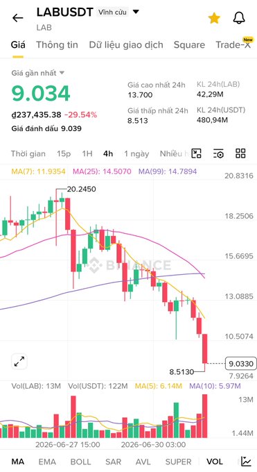 Mobile trading app screenshot showing LABUSDT cryptocurrency pair on Binance, with a price of 9.034, down 29.54%, and a candlestick chart displaying a sharp decline from 20.2450 to 8.5130.