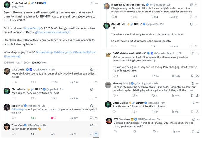 A collage of tweets from Bitcoin community figures like Chris Guida, Matthew R. Kratter, Luke Dashjr, Softfork Mechanic, and Flaming hodl discussing BIP-110 and potential POW changes, with Chris Guida referencing his rebased @LukeDashjr 2017 hardfork code and warning miners about "tampering the mining industry," aligning with the poster's prediction about the BIP-110 list.