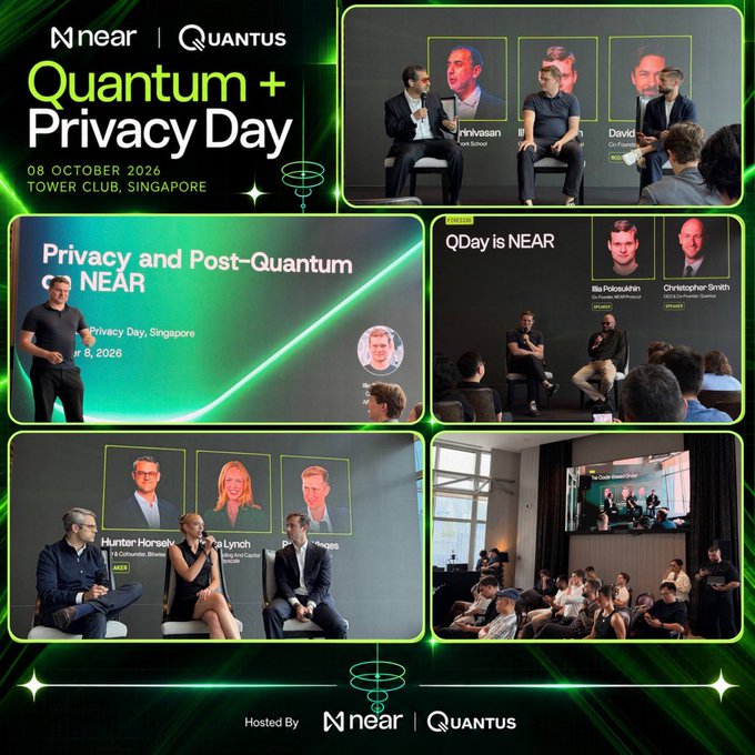 A promotional collage for 'Quantum + Privacy Day' hosted by NEAR and Quantus on 08 October 2026 at Tower Club, Singapore, featuring photos of various speakers and panel discussions.