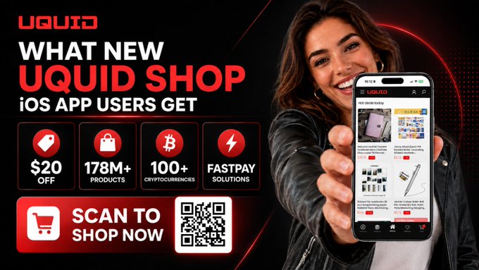 An advertisement for 'UQUID' iOS app promoting $20 OFF, 178M+ products, 100+ cryptocurrencies, and fastpay solutions, featuring a woman holding a smartphone displaying the app.