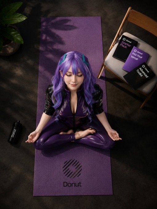 A woman with purple hair in a matching purple bodysuit meditating on a purple yoga mat, surrounded by a chair with packs labeled 'Starter Pack', 'Pick Your Venue', and 'New Adjusted Goals', with the 'Donut' brand logo visible.