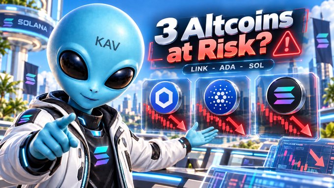 A YouTube thumbnail features a blue alien character pointing at three cryptocurrencies (LINK, ADA, SOL) with downward red arrows, titled '3 Altcoins at Risk?' against a Solana-branded cityscape background.