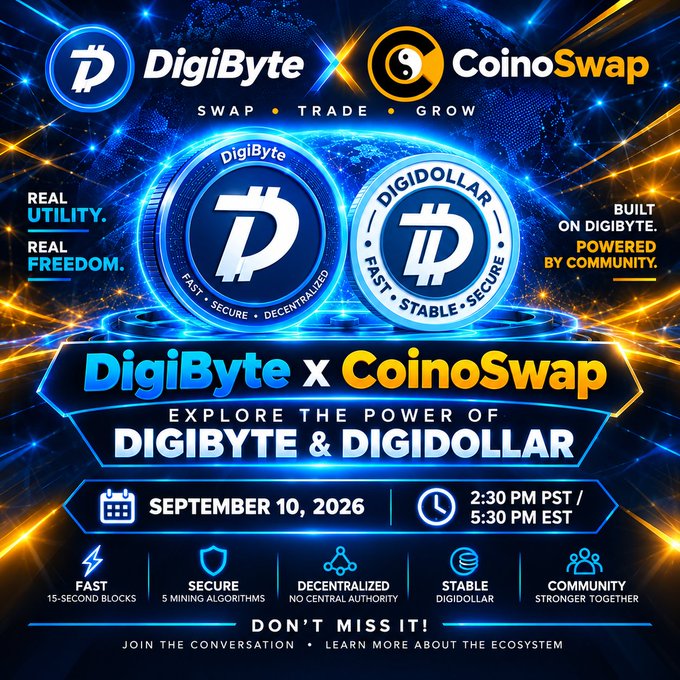 Promotional graphic for a DigiByte × CoinoSwap event on September 10, 2026, at 2:30 PM PST / 5:30 PM EST, highlighting DigiByte ($DGB) and DigiDollar as "Fast, Secure, Decentralized, Stable, Community-powered" with logos, slogans "Real Utility, Real Freedom" and "Built on DigiByte, Powered by Community," and a call to "Join the conversation" via x.com Spaces.