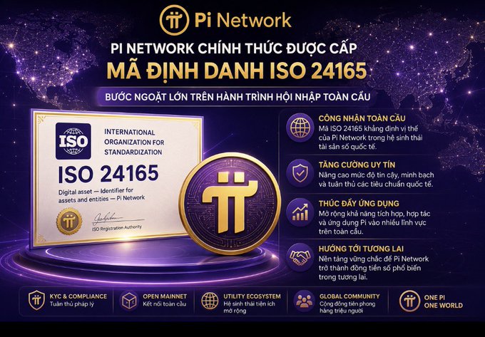An advertisement in Vietnamese announces 'PI NETWORK CHÍNH THỨC ĐƯỢC CẤP MÃ ĐỊNH DANH ISO 24165' and shows an ISO certificate.