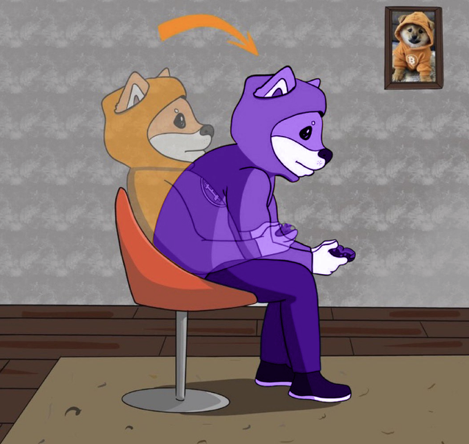 An animated illustration of a purple dog character in a hoodie sitting in a chair playing a video game, with an orange arrow pointing to a framed picture of a similar dog wearing an orange hoodie on the wall.