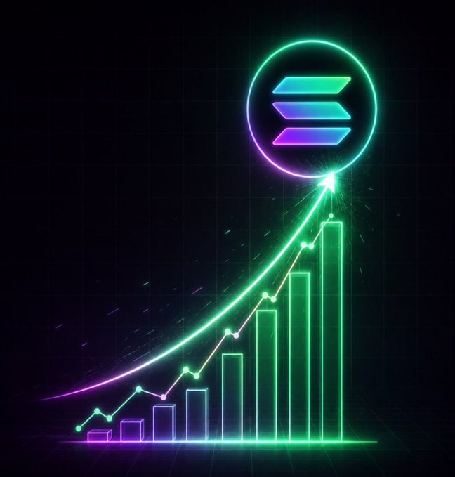 A neon-style digital illustration showing a Solana logo above an upward-trending bar and line graph in green, purple, and pink colors against a dark grid background.