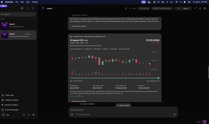 A dark-themed Claude Bot interface shows a SOL market chart labeled “Wrapped SOL tolsol,” with a price around $103.0284, market-cap and volume figures, and a notice about educational disclaimers.