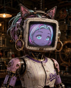 A detailed 3D render of a purple and white robotic character with cat-ear headphones, featuring a vintage monitor displaying an anime-style face with purple hair, set in a steampunk workshop.