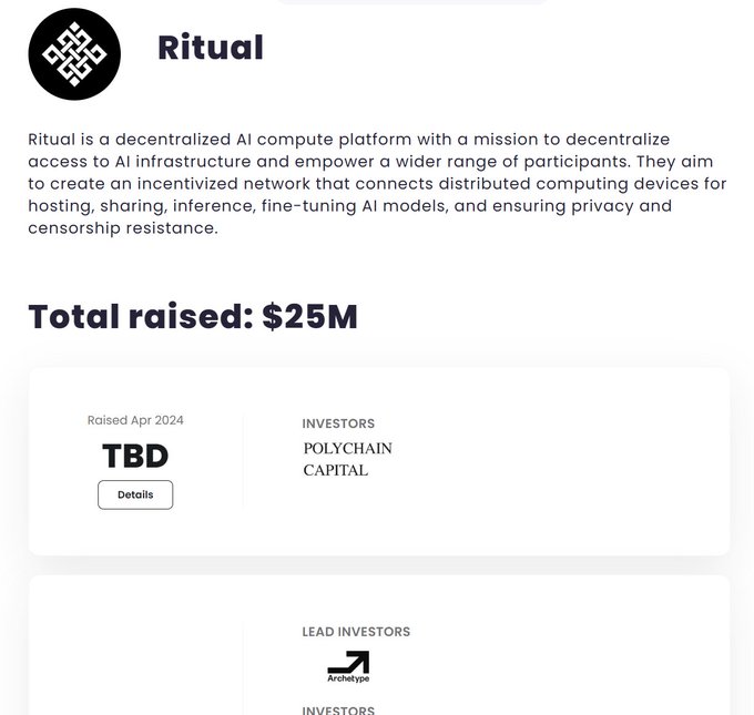 The image caption can be: "Ritual's Decentralized AI Platform Unveils $25M Fundraising in April 2024, Supported by Polychain Capital and Other Investors." This caption incorporates the key text, numbers, and names visible in the image, and it relates directly to the accompanying post's announcement by specifying the total funding amount and mentioning one of the investor groups, while also aligning with the ritual platform's mission statement.