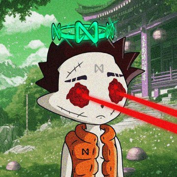 A stylized cartoon zombie character with bloodshot red eyes shooting red laser beams, wearing an orange vest, set against a green landscape with a Japanese-style building and the text "NEØN".