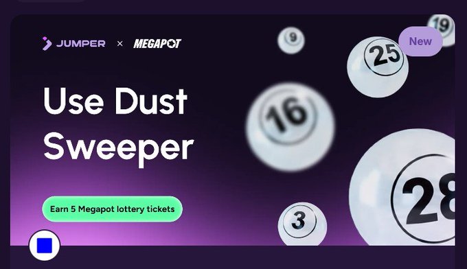 Promotional graphic for Jumper x Megapot lottery featuring 'Use Dust Sweeper' with lottery balls and a green 'Earn 5 Megapot lottery tickets' button.
