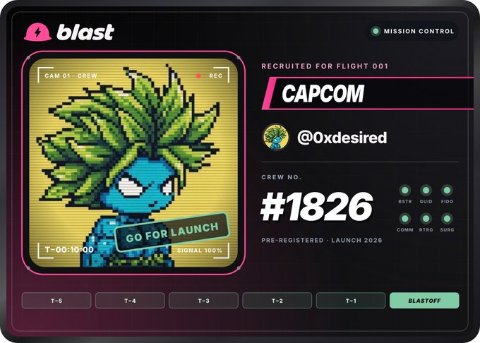 A digital mission control-style interface from "blast" shows user @0xdesired recruited as "CAPCOM" for Flight 001, assigned crew number #1826 with a 2026 launch date. The post's mention of Sui trenches ties in with the space/mission launch theme, playfully framing joining the Sui ecosystem as a rocket launch.