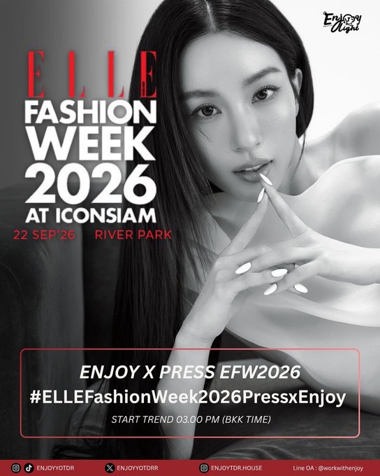 A promotional poster for "ELLE FASHION WEEK 2026 AT ICONSIAM" on "22 SEP'26 RIVER PARK," featuring a black-and-white photo of a woman with white nail polish, credited to "ENJOY NIGHT."