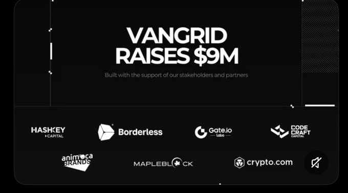 A promotional graphic announces 'VANGRID RAISES $9M' and lists partners including HashKey Capital, Borderless, Gate.io Labs, Code Craft Capital, Animoca Brands, Mapleblock, and Crypto.com.