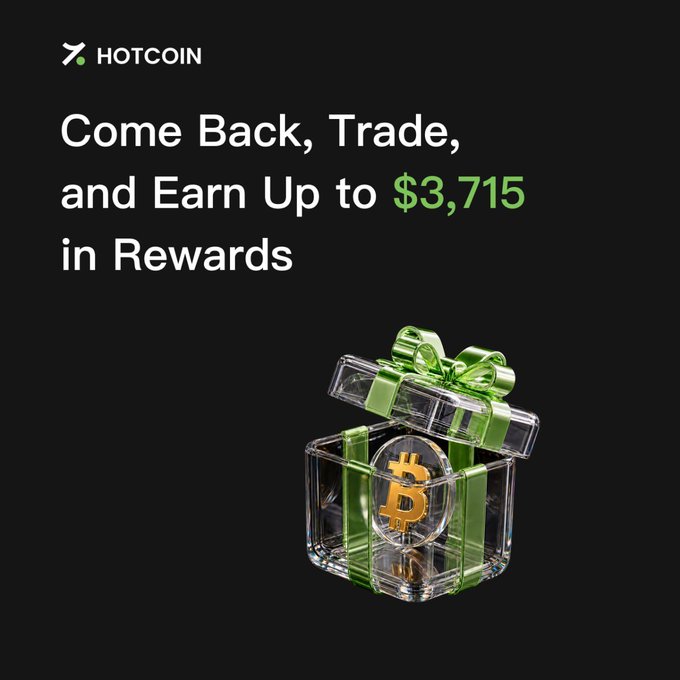 Hotcoin promotional banner reading "Come Back, Trade, and Earn Up to $3,715 in Rewards," featuring a transparent gift box with a green ribbon containing a Bitcoin coin, visually reinforcing the welcome-back campaign's airdrop and prize pool incentives.
