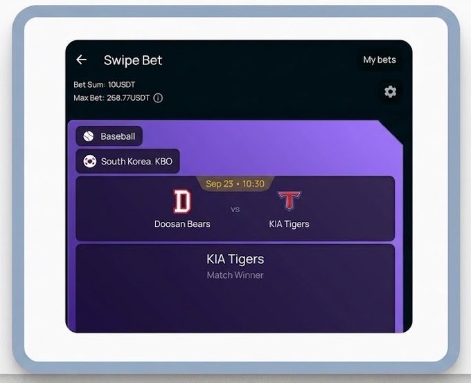 A mobile app interface for 'Swipe Bet' showing a Baseball match between the Doosan Bears and KIA Tigers (KBO) on 'Sep 25', with the prediction set on 'KIA Tigers' as Match Winner.