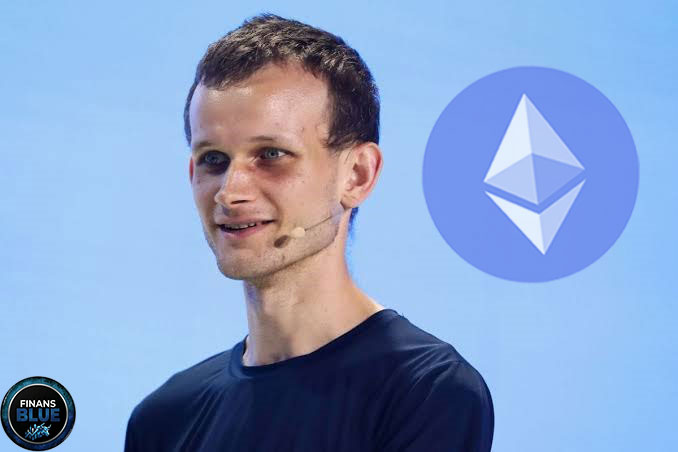 A photo of Vitalik Buterin, co-founder of Ethereum, speaking at an event with the Ethereum logo visible on the screen behind him and a 'Finans Blue' watermark.