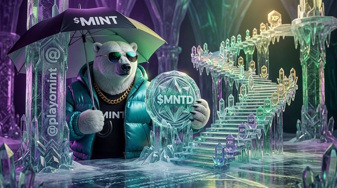 A stylized digital artwork of a polar bear wearing sunglasses, a gold chain, and a puffer jacket, holding a '$MNT' umbrella and an '$MNTD' coin in an icy, crystalline landscape with 'XP' pedestals.