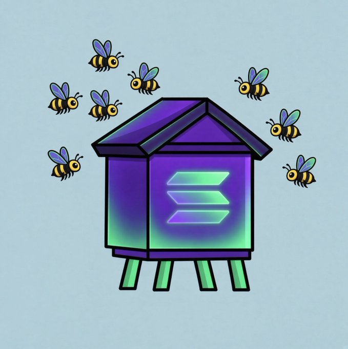 A colorful cartoon illustration of a purple and green beehive with several cartoon bees flying around it, featuring a stylized "E" or bee logo on the front.