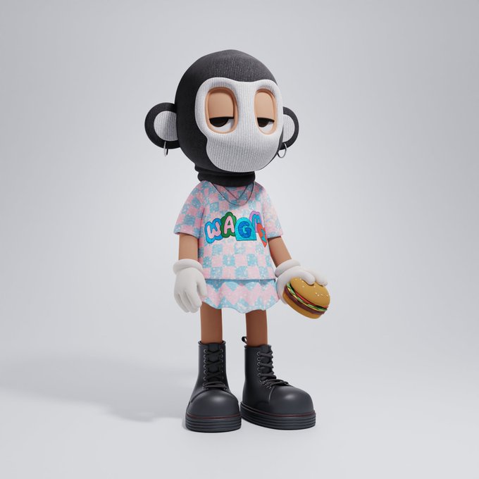 A 3D cartoon monkey character wearing a black balaclava, a pastel pink and blue "WAGMI" patterned shirt and skirt, white gloves, and chunky black boots holds a burger. The image relates to the post as a visual representation of the "Ape Balaclava + Flare Skirt build" worn by the NFT character from the Ape Gang collection that was traded.