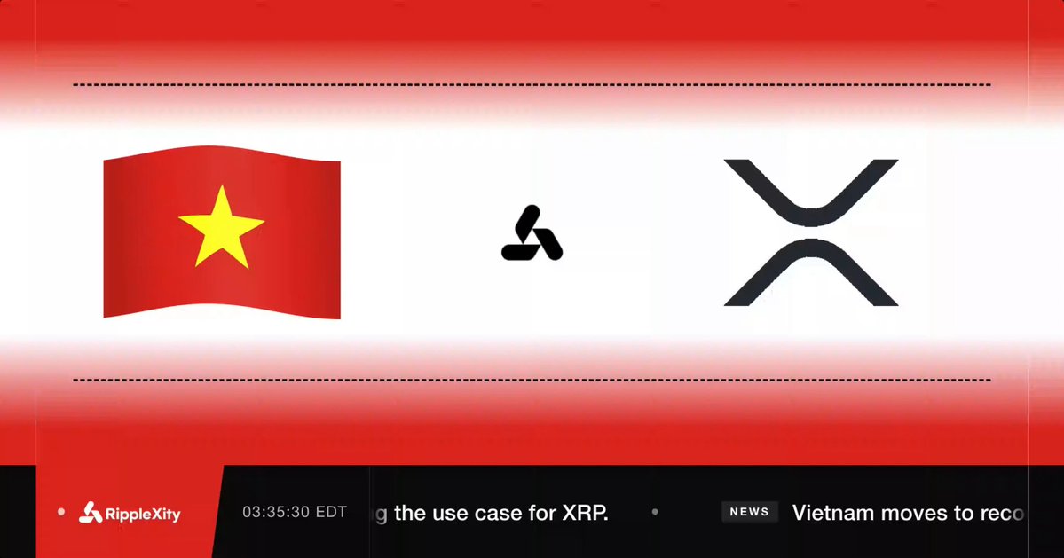 The image features a poster with three different logos, including one of the Vietnamese flag, which has a yellow star at its center. The poster also includes text that reads "Just In: Vietnam moves to recognize digital assets as loan collateral strengthening the use case for XRP." This suggests that there is an event or news related to the Vietnamese government's recognition of digital assets like Bitcoin and other cryptocurrencies as forms of payment, which could be a significant development in the country.