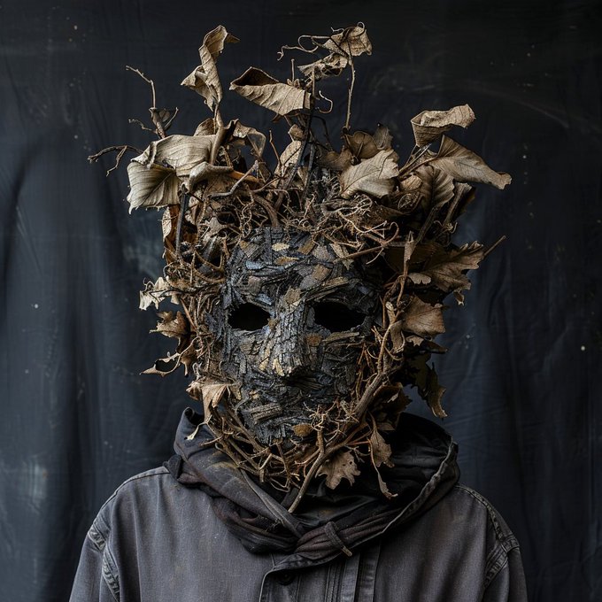 A person wearing an elaborate mask made of tree bark, dried leaves, and twigs, with a dark hooded jacket, set against a black backdrop.