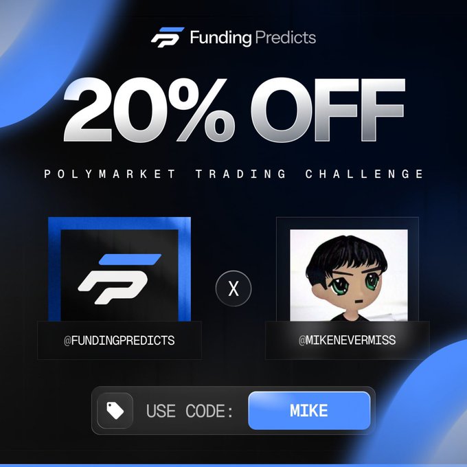 The image features a website called "funding predicates" with an advertisement banner promoting a Polymarket trading challenge named @x. The banner offers a 20% discount or sale for those who participate by using code #MIKE". The purpose of this offer is to attract users interested in participating in the trading challenge and take advantage of the 20% off deal provided through a unique code.