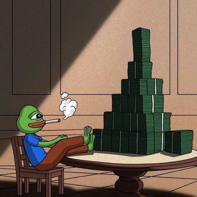 Cartoon illustration of Pepe the Frog smoking a cigarette with his feet propped up on a table beside a massive pyramid of green money stacks.